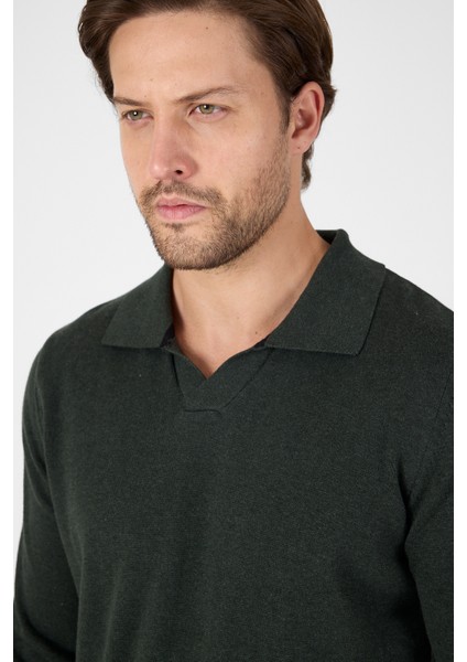 Haki Saf %100 Pamuk Erkek Patlı Düğmesiz Polo Yaka Triko Kazak