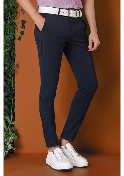Slim Fit Yan Cepli Düz Esnek Casual Lacivert Pantolon P 1144
