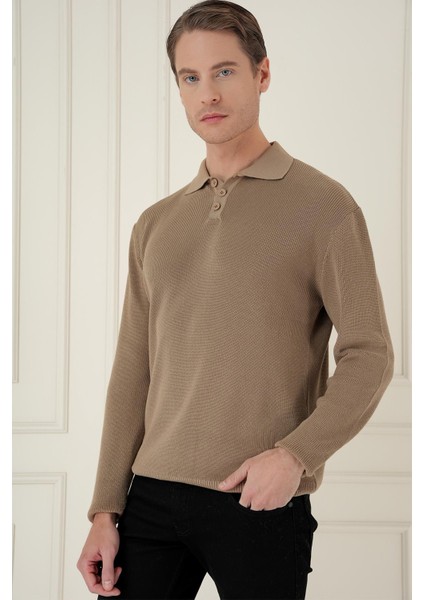 Fitilli Dokuma Düğmeli Polo Yaka Vizon Triko Kazak Tr 887 fiyatları