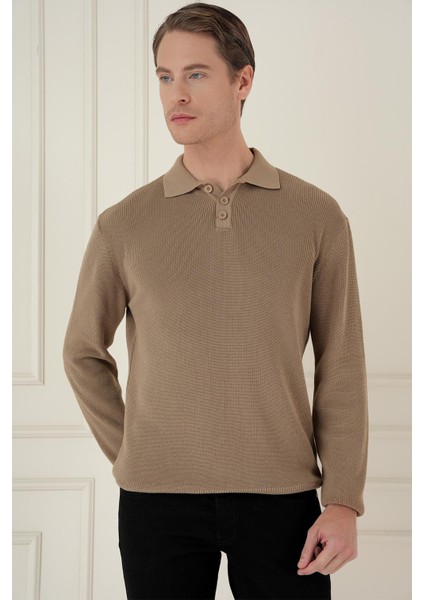Fitilli Dokuma Düğmeli Polo Yaka Vizon Triko Kazak Tr 887 modelleri