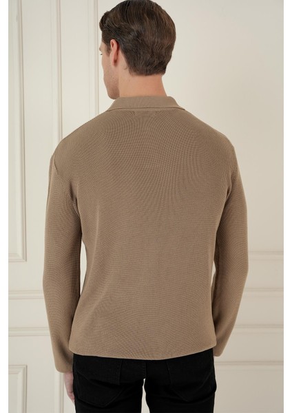 Fitilli Dokuma Düğmeli Polo Yaka Vizon Triko Kazak Tr 887 fırsatları