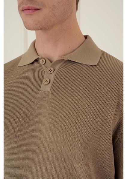 Fitilli Dokuma Düğmeli Polo Yaka Vizon Triko Kazak Tr 887 indirimleri