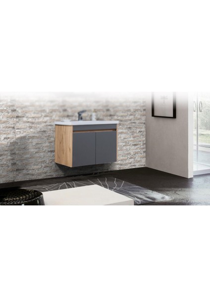 Istanbul Banyo Alt Dolabı 80cm Meşe Antrasit Gri