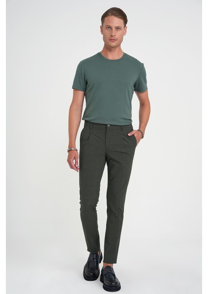 Comfort Fit Beli Lastikli Tek Pileli Dokulu Yeşil Pantolon P 1193