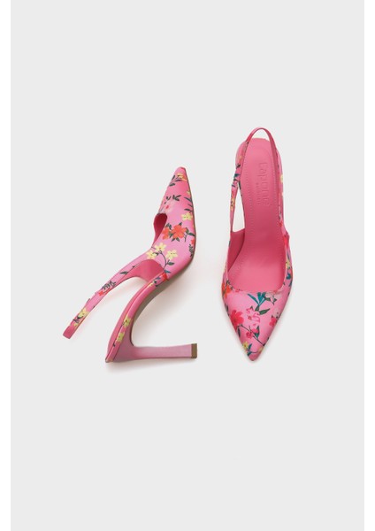 Arkası Açık Sivri Burunlu Yüksek Topuklu Çiçek Desenli Kadın Ayakkabı