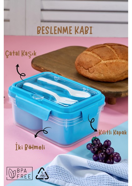 Iki Hazneli Çatal-Kaşık Bölmeli Kilitli Kapak Beslenme Kabı ve Yemek Saklama Kutusu - Mavi