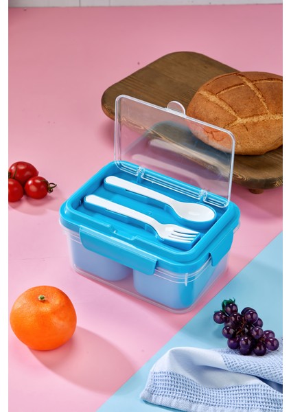 Iki Hazneli Çatal-Kaşık Bölmeli Kilitli Kapak Beslenme Kabı ve Yemek Saklama Kutusu - Mavi fiyatları