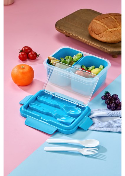 Iki Hazneli Çatal-Kaşık Bölmeli Kilitli Kapak Beslenme Kabı ve Yemek Saklama Kutusu - Mavi modelleri