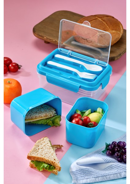 Iki Hazneli Çatal-Kaşık Bölmeli Kilitli Kapak Beslenme Kabı ve Yemek Saklama Kutusu - Mavi fırsatları