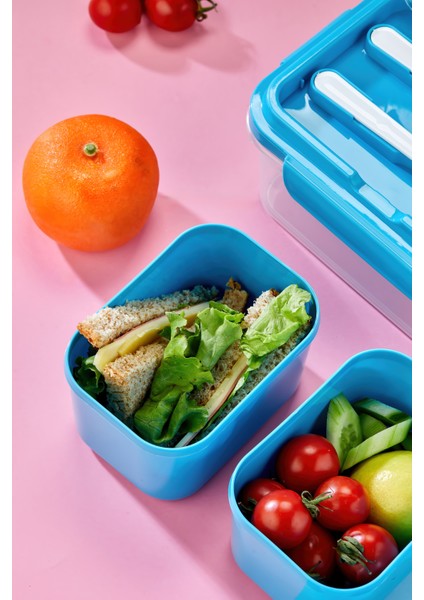 Iki Hazneli Çatal-Kaşık Bölmeli Kilitli Kapak Beslenme Kabı ve Yemek Saklama Kutusu - Mavi