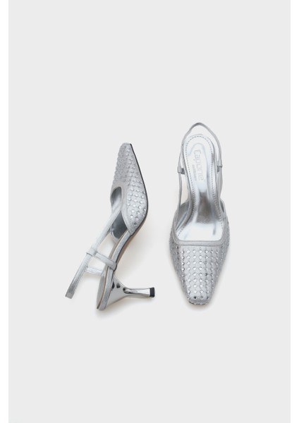 Arkası Açık Küt Burunlu Taşlı Orta Topuklu Kadın Ayakkabı