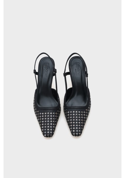 Arkası Açık Küt Burunlu Taşlı Orta Topuklu Kadın Ayakkabı