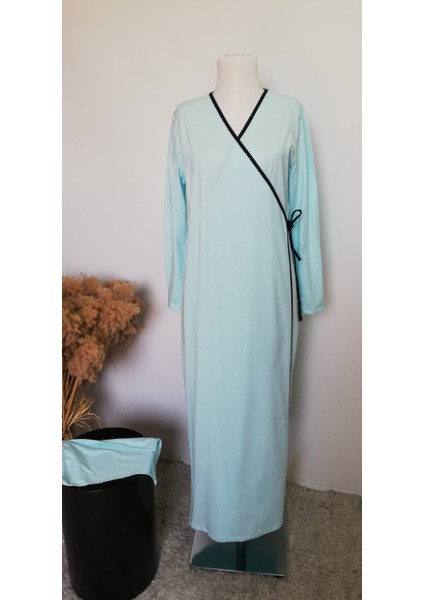 1998_PRATIK Yandan Bağlamalı Kruvaze Biye Kuşaklı %100 Pamuk Kumaş Tesettür Namaz Elbisesi fırsatları