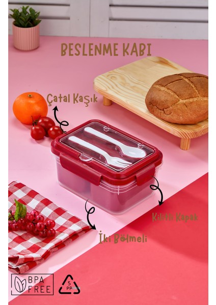Iki Hazneli Çatal-Kaşık Bölmeli Kilitli Kapak Beslenme Kabı ve Yemek Saklama Kutusu - Kırmızı