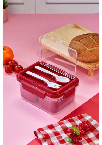 Iki Hazneli Çatal-Kaşık Bölmeli Kilitli Kapak Beslenme Kabı ve Yemek Saklama Kutusu - Kırmızı fiyatları