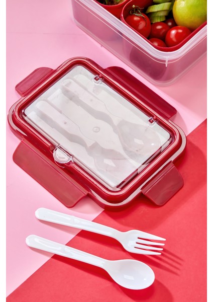Iki Hazneli Çatal-Kaşık Bölmeli Kilitli Kapak Beslenme Kabı ve Yemek Saklama Kutusu - Kırmızı modelleri