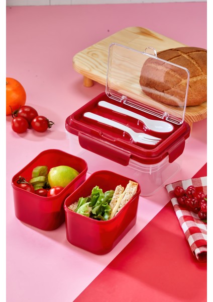 Iki Hazneli Çatal-Kaşık Bölmeli Kilitli Kapak Beslenme Kabı ve Yemek Saklama Kutusu - Kırmızı indirimleri