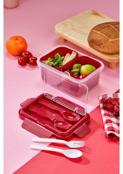 Iki Hazneli Çatal-Kaşık Bölmeli Kilitli Kapak Beslenme Kabı ve Yemek Saklama Kutusu - Kırmızı