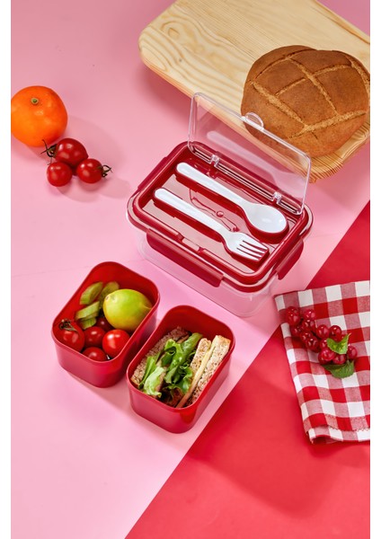 Iki Hazneli Çatal-Kaşık Bölmeli Kilitli Kapak Beslenme Kabı ve Yemek Saklama Kutusu - Kırmızı