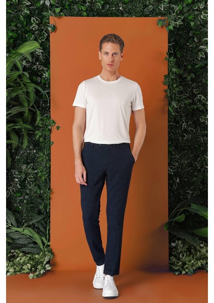 Comfort Fit Beli Lastikli Pötikareli Casuel Lacivert Pantolon P 1149