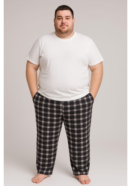 Erkek Desenli Büyük Beden % 100 Pamuk Cepli Tek Alt Siyah