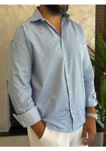 Erkek Rahat Kesim Çizgili Pamuklu Gömlek Mavi ECA008