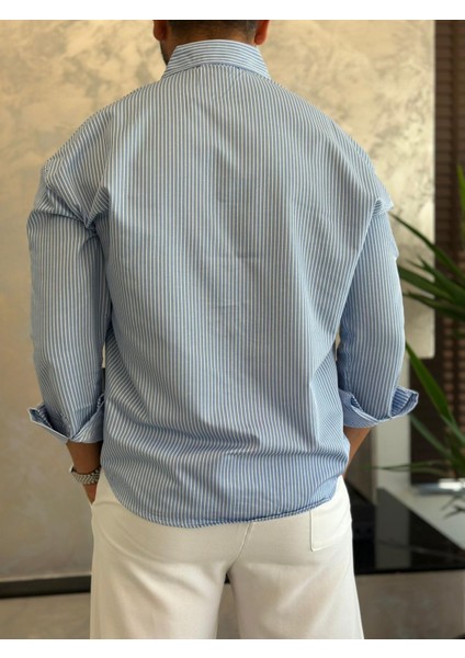 Erkek Rahat Kesim Çizgili Pamuklu Gömlek Mavi ECA008 fırsatları