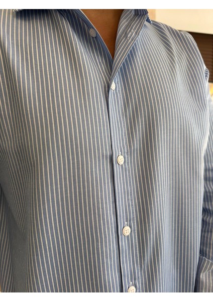 Erkek Rahat Kesim Çizgili Pamuklu Gömlek Mavi ECA008 indirimleri