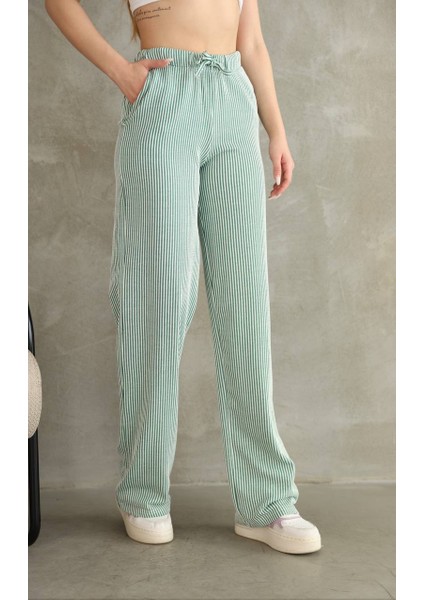 Kadın Çizgili Beli Lastikli Bağlamalı Bol Paça Pamuk Pantolon