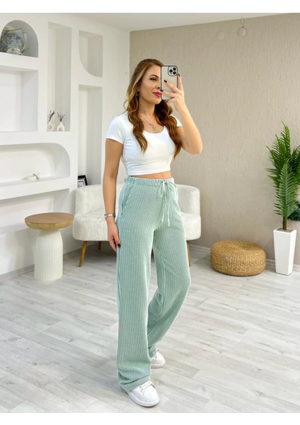 Kadın Çizgili Beli Lastikli Bağlamalı Bol Paça Pamuk Pantolon fiyatları