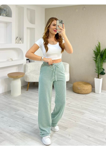 Kadın Çizgili Beli Lastikli Bağlamalı Bol Paça Pamuk Pantolon modelleri