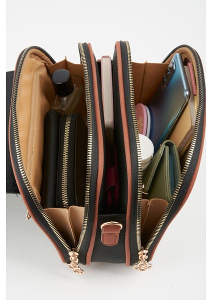 Kadın Yonca Siyah-Taba 4 Cepli Kapaklı Fermuar ve Çıt Çıt Kapama Kol ve Omuz Çantası indirimleri