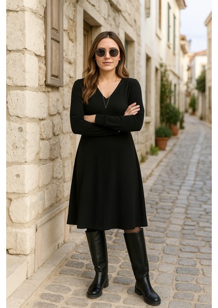 Kadın Uzun Kollu V Yakalı Salaş Midi Iki Iplik Elbise