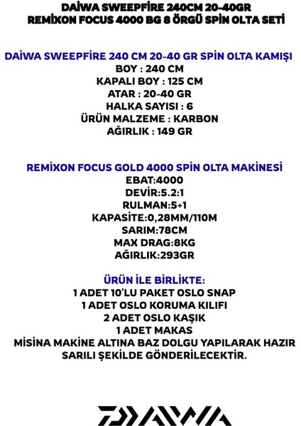 Sweepfire 240CM 20-40GR Remixon Focus Bg 4000 8 Örgü Spin Olta Seti fiyatları