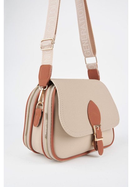 Kadın Yonca Vizon Taba 4 Cepli Kapaklı Fermuar ve Çıt Çıt Kapama Kol ve Omuz Çantası