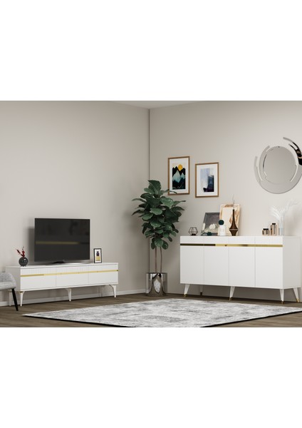 Deffne Tv Sehpası ve Konsol 2'li Salon Takımı Beyaz-Altın