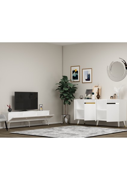 Deffne Tv Sehpası ve Konsol 2'li Salon Takımı Beyaz-Altın fiyatları
