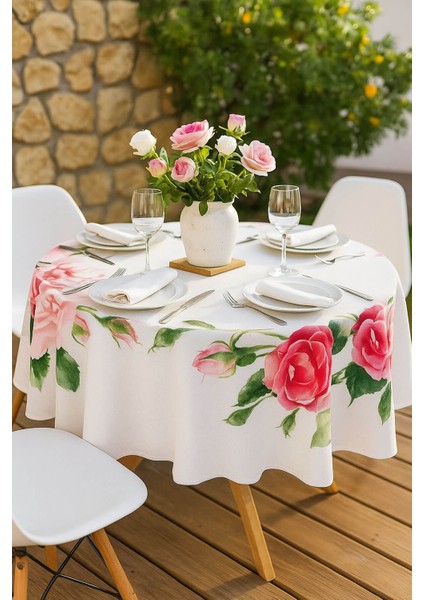 Yuvarlak Gül Desenli Duck Kumaş Masa Örtüsü 150X150 cm