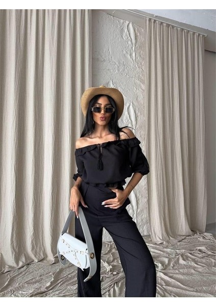 Keten Madonna Yaka Kol Hasır Şerit - Pantolon Takım - Siyah