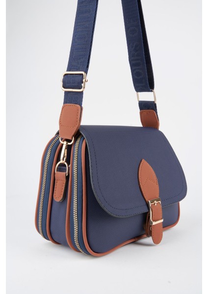 Kadın Yonca Lacivert Taba 4 Cepli Kapaklı Fermuar ve Çıt Çıt Kapama Kol ve Omuz Çantası