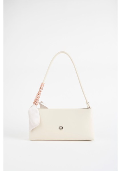 Kadın Zarif Krem Fular Hediyeli Suni Deri Baget Fermuar Kapama El ve Kol Çantası