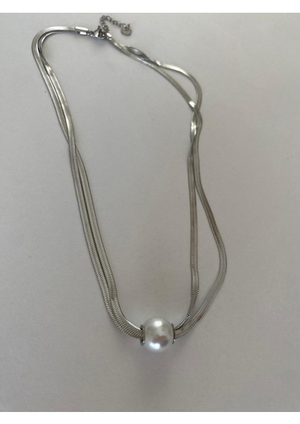 Italyan Zincir Ikili Model Inci Top Silver Çelik Kolye 316L