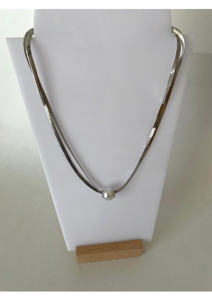 Italyan Zincir Ikili Model Inci Top Silver Çelik Kolye 316L modelleri