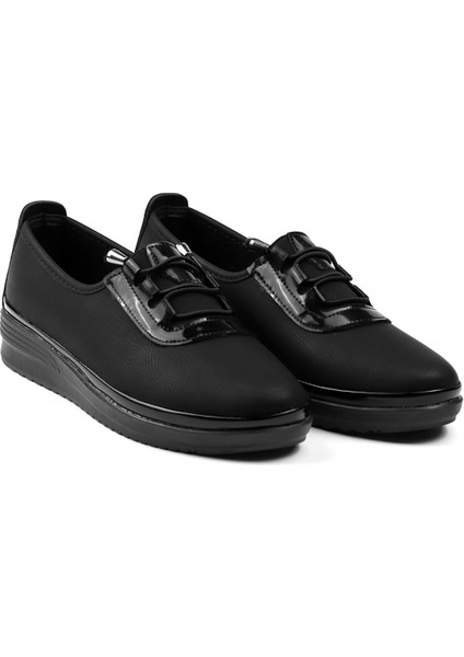 Kadın Siyah Rugan Detaylı Ortopedik Anne Ayakkabısı - Rahat Kaymaz Taban, Bağcıklı Günlük Yürüyüş Ayakkabısı