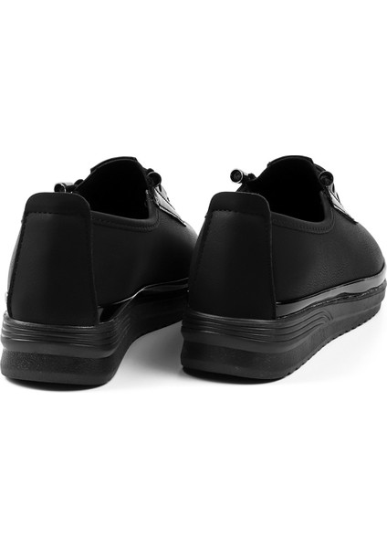 Kadın Siyah Rugan Detaylı Ortopedik Anne Ayakkabısı - Rahat Kaymaz Taban, Bağcıklı Günlük Yürüyüş Ayakkabısı fiyatları