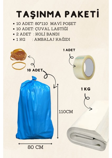 10 Adet 80X110 Mavi Battal Boy Ev Taşıma Poşeti Taşınma Çuvalı 1 Adet 45X100 Koli Bandı 1 kg Ambalaj Kağıdı Taşınma Seti
