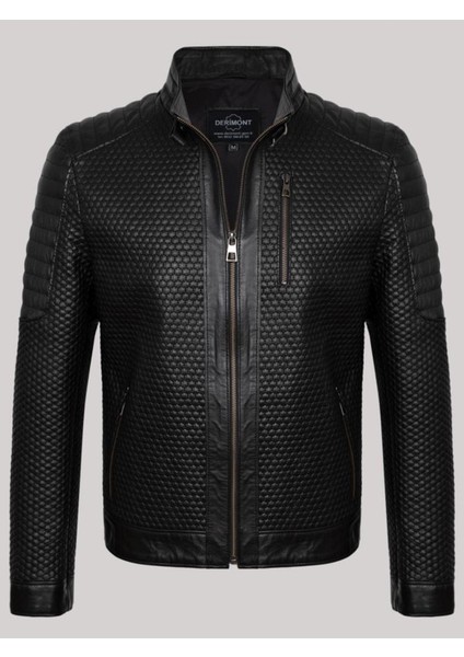 Hakiki Kuzu Derisi Siyah Erkek Deri Mont Petek Desen Deri Ceket