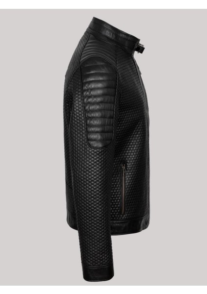 Hakiki Kuzu Derisi Siyah Erkek Deri Mont Petek Desen Deri Ceket modelleri