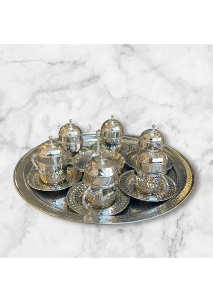 El Işçiliği 6 Kişilik Bakır Türk Kahvesi Fincan Takımı – 35 cm Tepsi, Lokumluk, 6 Fincan ve Altlık