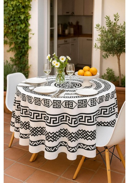 Yuvarlak Geometrik Siyah Desenli Duck Kumaş Masa Örtüsü 150X150 cm
